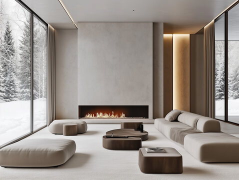 modern living room interior design, featuring soft, cozy furniture and a stylish fireplace as the centerpiece. The room has clean walls with no artwork or decorations, large windows showcasing a snowy