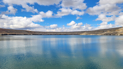Lake Acigol in Karapinar district of Konya province in Turkiye, formed in a crater by an explosion...