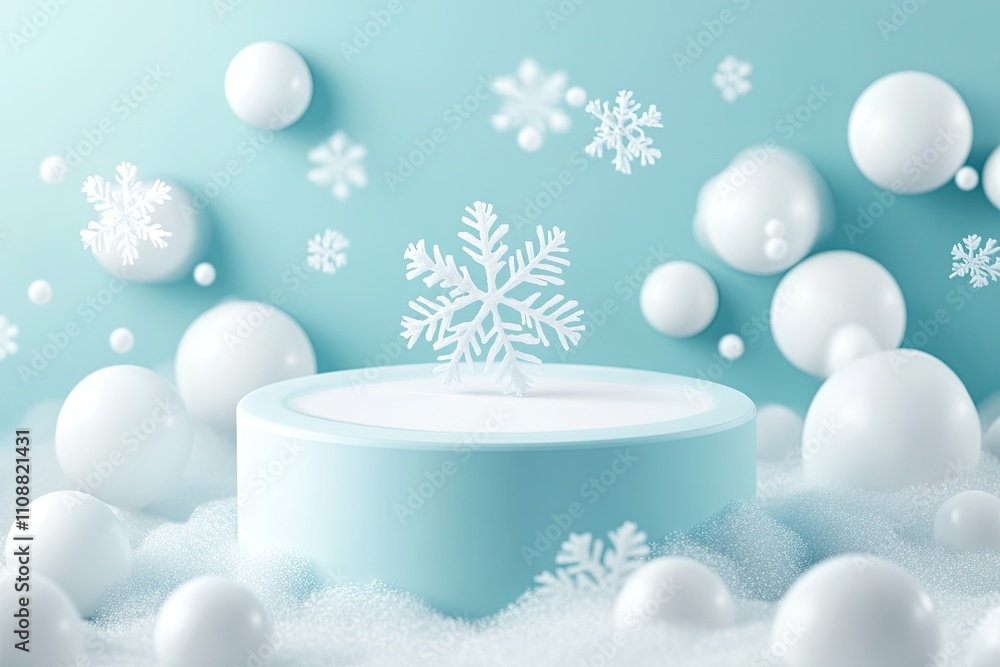 Poster minimal abstract cosmetic background. podium with snowflake product background. 3d rendering illustr