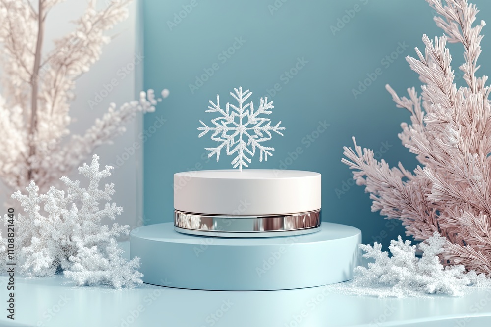 Poster minimal abstract cosmetic background. podium with snowflake product background. 3d rendering illustr