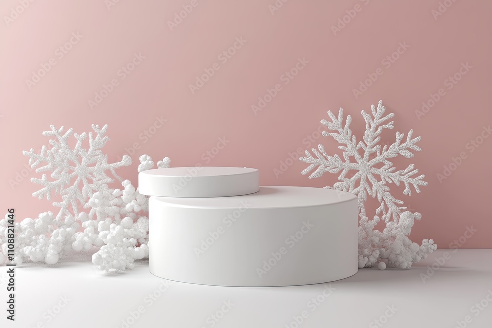 Poster minimal abstract cosmetic background. podium with snowflake product background. 3d rendering illustr