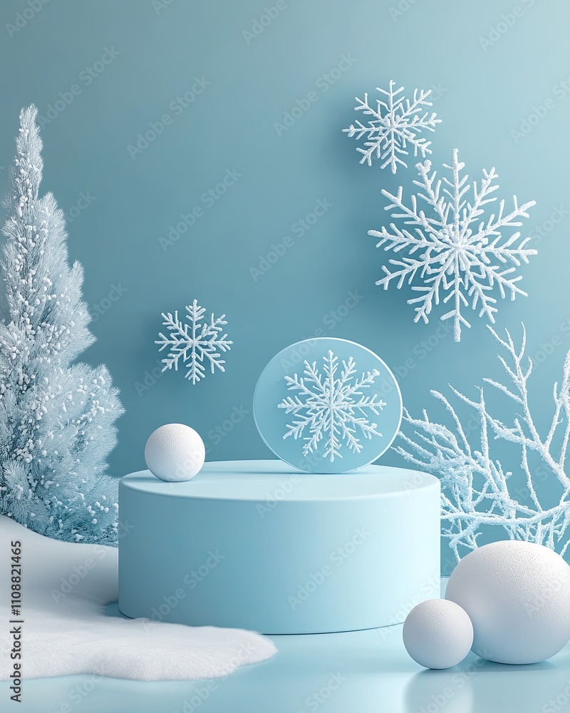 Poster minimal abstract cosmetic background. podium with snowflake product background. 3d rendering illustr