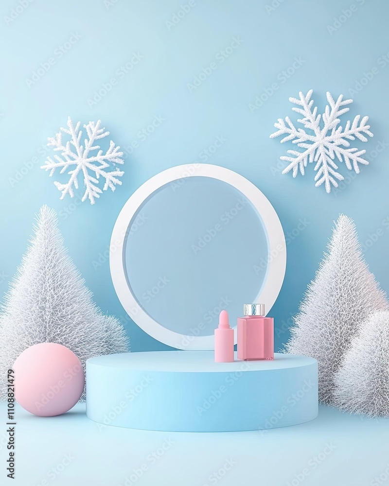 Poster minimal abstract cosmetic background. podium with snowflake product background. 3d rendering illustr