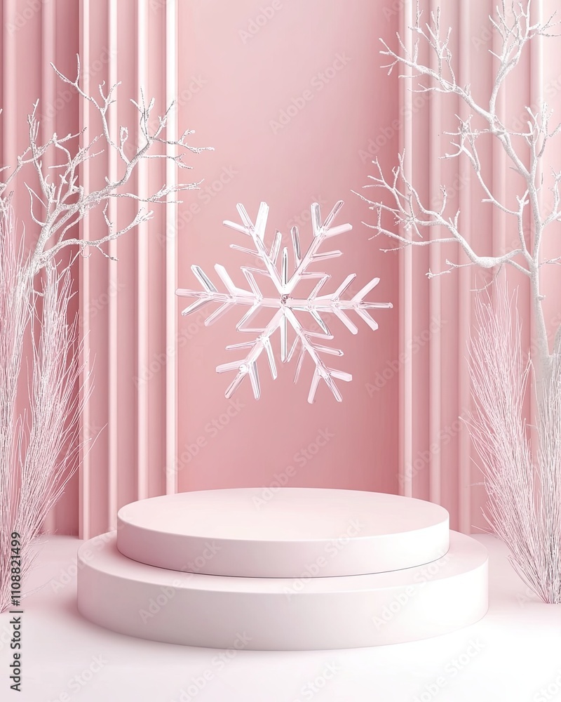 Poster minimal abstract cosmetic background. podium with snowflake product background. 3d rendering illustr