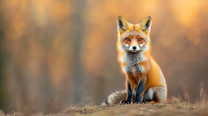 Obraz premium Serene scene in an autumn forest: a red fox basking in the warm sunset light, amidst colorful foliage, adding beauty to the peaceful setting