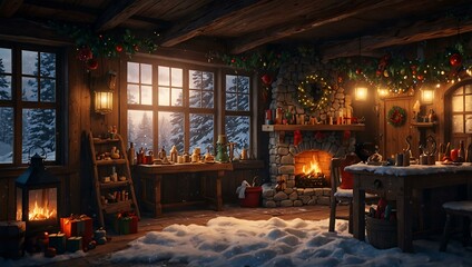 Santa's workshop in a cozy winter scene.