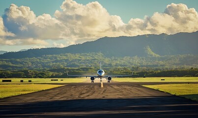Obraz premium A private jet sits on the runway poised for takeoff sleek and modern against the backdrop of a clear sky