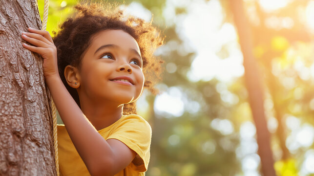 Young girl with curly hair hugging a tree and smiling in a sunny forest, enjoying her time outdoors