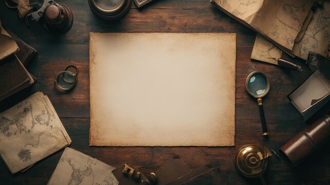 A blank detective board on a desk, surrounded by folders, a magnifying glass, and crime scene props.