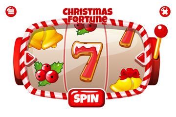 Christmas fortune, SLOT machine interface with Christmas icons. Banner with candy slot machine and Gingerbread 7, berry and golden bells slot symbols for your games