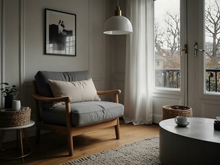 Scandinavian living room with a gray armchair, white cushions, and natural light.