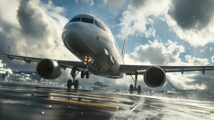 Naklejka premium Realistic 3D Airplane on Runway with Dramatic Clouds