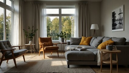 Scandinavian living room with warm textures.