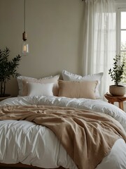 Scandinavian style bedroom with white bedding and soft colors.