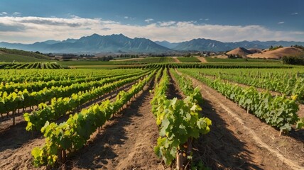 Green fields with rows of grape vines ready for harvest with a backdrop of beautiful blue cloud mountains with an afternoon view. Generative Ai