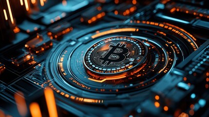 A close-up view of a futuristic circuit board with glowing elements, showcasing intricate patterns and a central design.