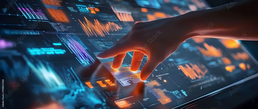 Aufkleber in the future, human fingertips touch a glowing display of high-tech data.