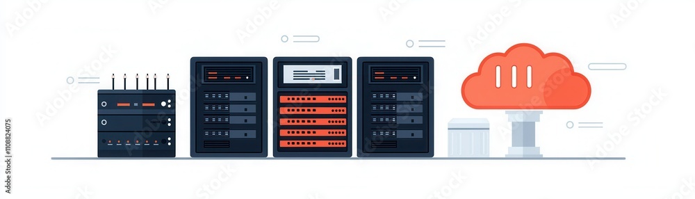 Poster a modern data center illustration featuring servers, storage systems, and cloud computing integratio