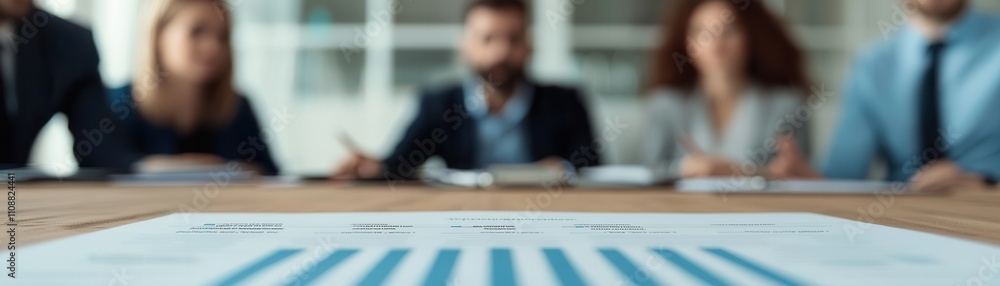 Poster a group of professionals engaged in a meeting, focusing on a document with charts, emphasizing teamw