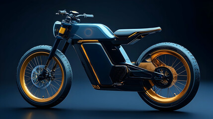 Obraz premium Sleek electric motorcycle with gold rims, dark blue body, studio shot.
