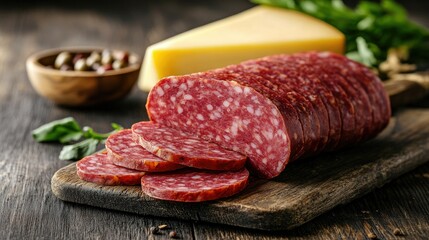A close-up of aged salami and smoked cheese on a chopping board, with rustic tableware in the background.