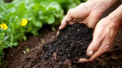 Hands Spreading Organic Compost in a Garden