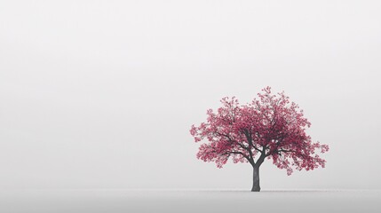 Obraz premium Blooming pink tree standing in a misty landscape
