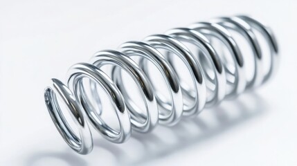  shiny metallic coil spring, perfectly wound and reflecting soft light on a minimalist white background