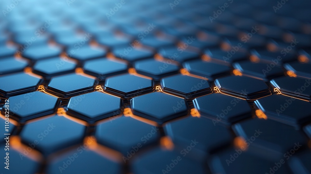 Poster a close-up of a hexagonal lattice pattern, showcasing a sleek, modern design with metallic and blue 