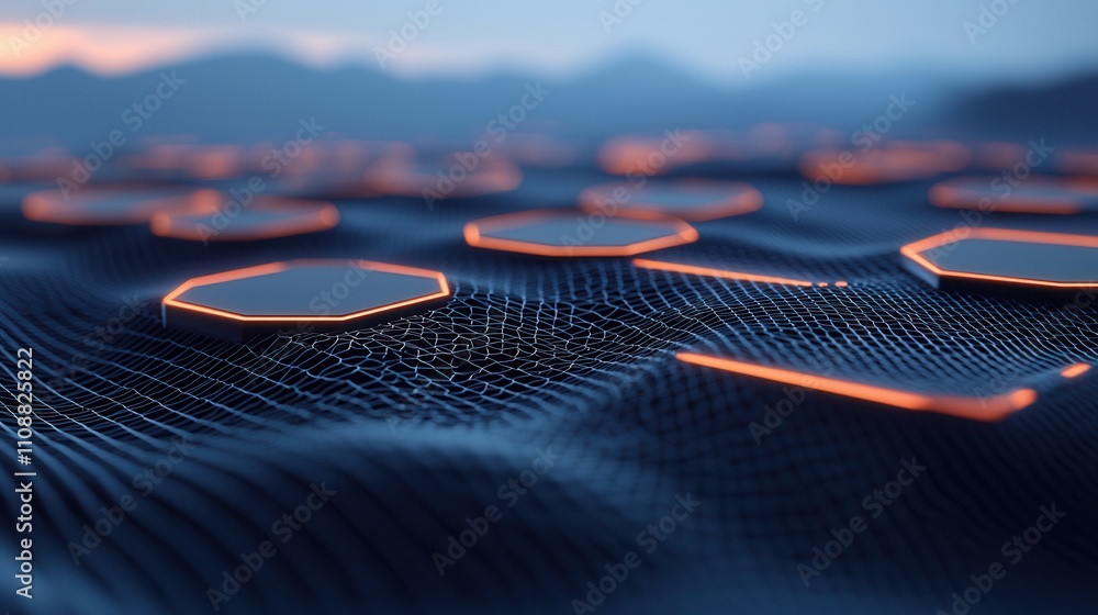 Poster a futuristic landscape featuring hexagonal patterns on a textured surface, illuminated with a soft g