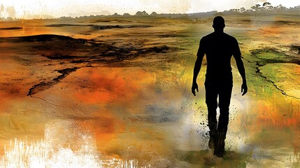 Fototapeta premium Silhouette of a man hiking in the mountains, overlaid with an image of the great outdoors, symbolizing exploration and nature.[men’s]:[lifestyle] 