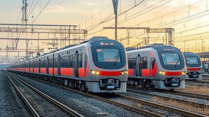 Fototapeta premium Sleek EMU Trains Under Sunset Sky