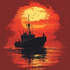 Fototapeta premium A fishing boat silhouetted against a vibrant sunset, creating a serene maritime scene.