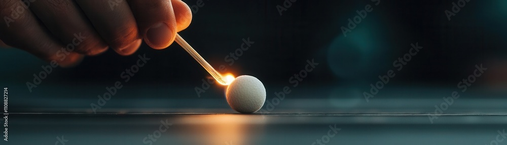 Poster a hand strikes a match against a surface, igniting a flame next to a white ball, creating a visually