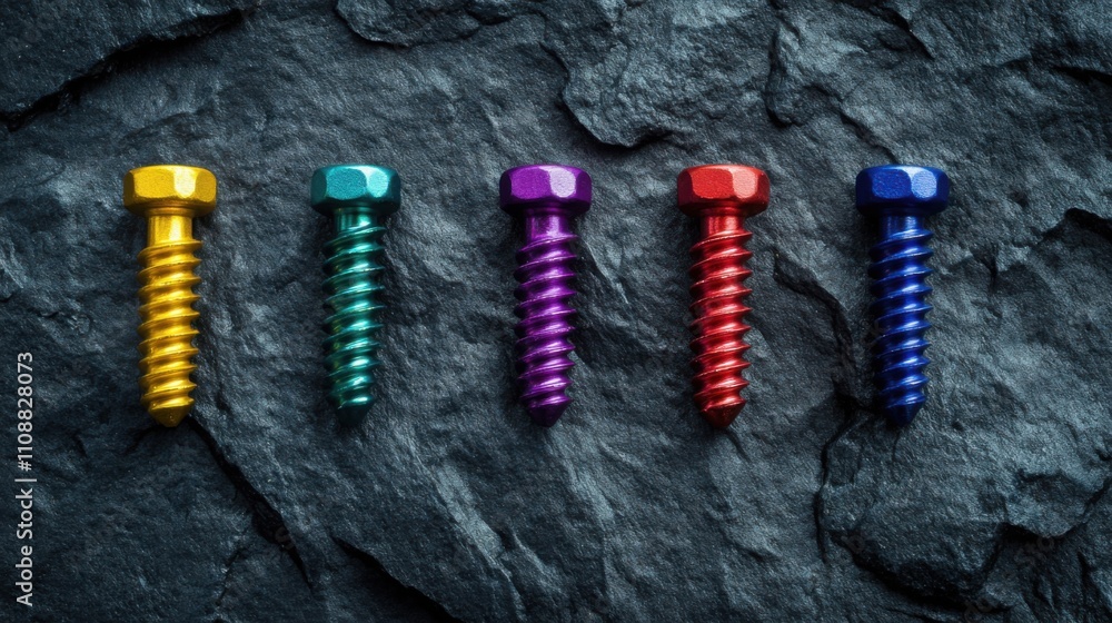 Poster five screws of different vibrant colors, arranged in a neat row on a dark textured background