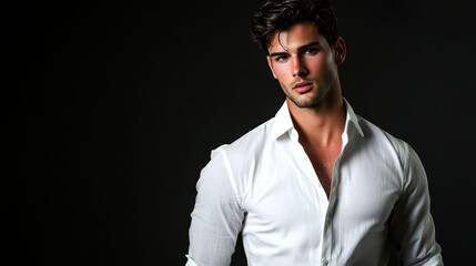 Obraz premium Handsome man in white shirt, dark background.