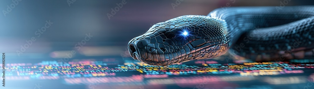 Poster a futuristic snake with a textured, shimmering body rests on a colorful digital surface, blending na