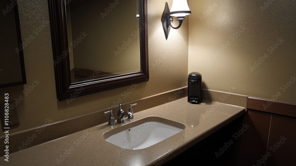 Poster modern bathroom sink with elegant lighting and neutral tones in quiet setting reflecting minimalist 