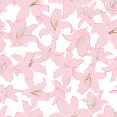 Lily Floral pattern, Vector seamless floral hand drawn pattern for fabric with lilies perfect for spring summer, white background