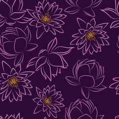 Fototapeta premium Lotus stylized floral pattern,Vector lotus seamless pattern background wallpaper,scrapbooking,fabric,textile and wrapping paper.Line exotic lotus flowers illustration natural ornament. Asian lotus