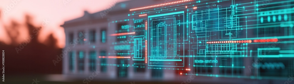 Poster a futuristic building illuminated with digital patterns, blending technology and architecture agains