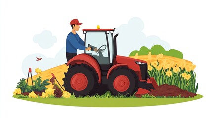 Obraz premium Illustration of a farmer operating a red tractor in a field.