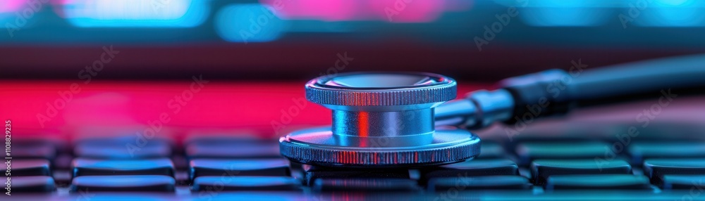 Poster a close-up of a stethoscope resting on a keyboard, blending themes of healthcare and technology in a
