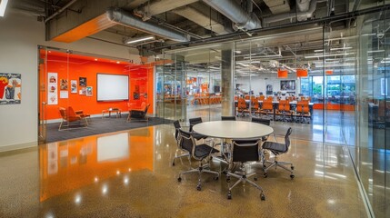 Modern Office Space with Open Layout and Vibrant Orange Accents Featuring Glass Walls, Comfortable Furniture, and Collaborative Work Areas in a Contemporary Setting