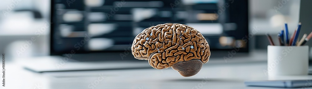 Poster a floating brain is depicted in a modern workspace, symbolizing creativity and intelligence against 