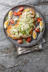 Portion of schnitzel caesar salad with breaded chicken breast, eggs, parmesan, iceberg lettuce and...