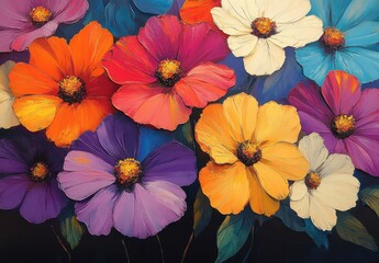 Obraz premium Vibrant Floral Composition Featuring Colorful Blooms in Shades of Orange, Pink, Yellow, and Purple with Rich Textures Set Against a Dark Background