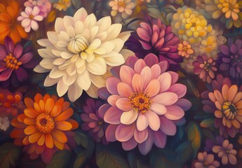 Obraz premium Vibrant Floral Composition Featuring Colorful Flowers in Various Shades and Textures, Creating a Lush and Engaging Botanical Scene