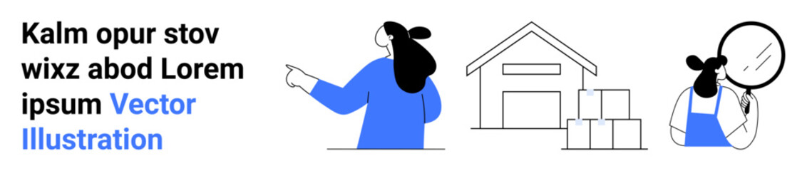 Warehouse workers point to a building and inspect a clipboard. Building with boxes indicates logistic activities. Ideal for business, logistics, teamwork, warehouse management, supply chain