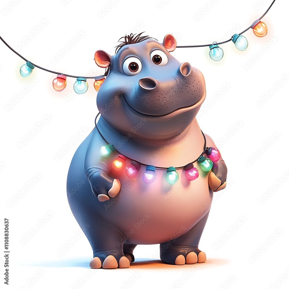 Poster 3d pygmy hippopotamus, curious pygmy hippopotamus with colorful string lights on isolated white back